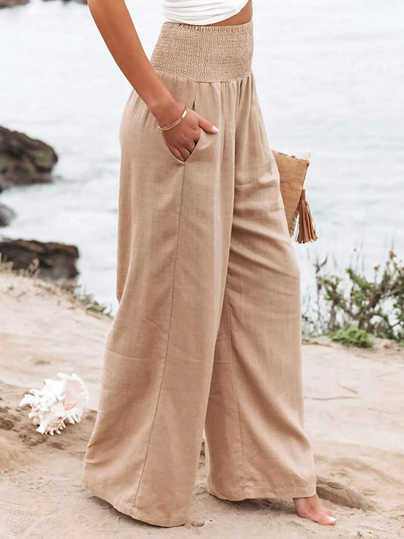 Smocked High Waisted Wide Leg Pants - Trendsi - Flyclothing LLC