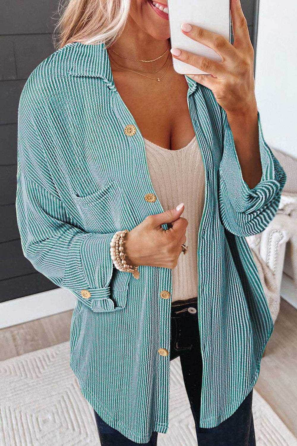 Striped Collared Neck Long Sleeve Shirt - Trendsi - Flyclothing LLC