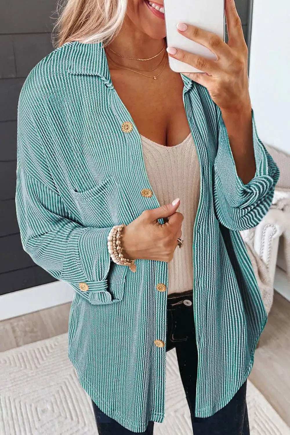 Striped Collared Neck Long Sleeve Shirt - Trendsi - Flyclothing LLC