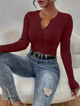 Ribbed Knit Button Front Knit Top - Trendsi - Flyclothing LLC