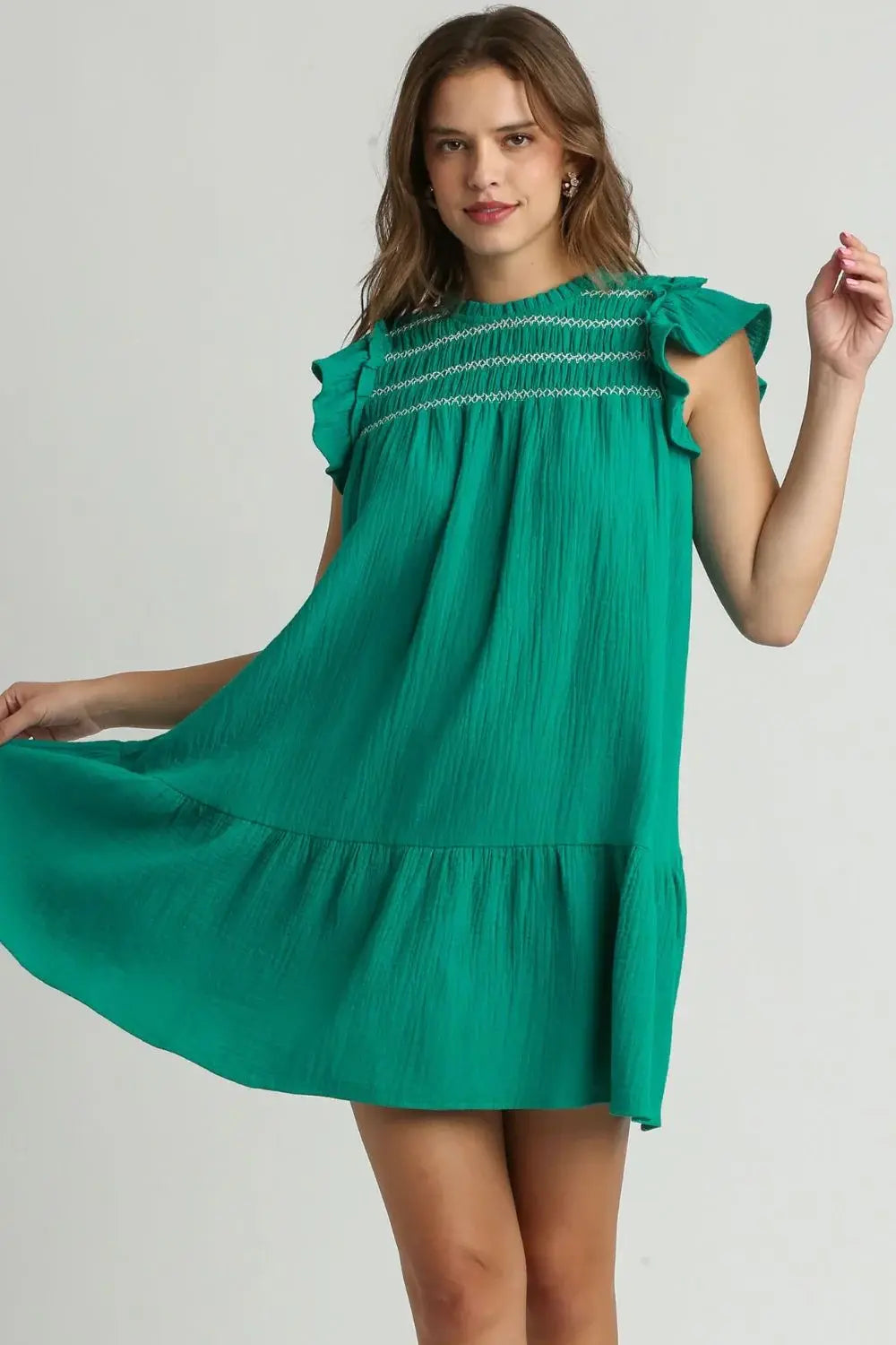 Umgee Full Size Smocked Contrast Stitching Ruffle Cap Sleeve Round Neck Dress Plus Size - Trendsi - Flyclothing LLC