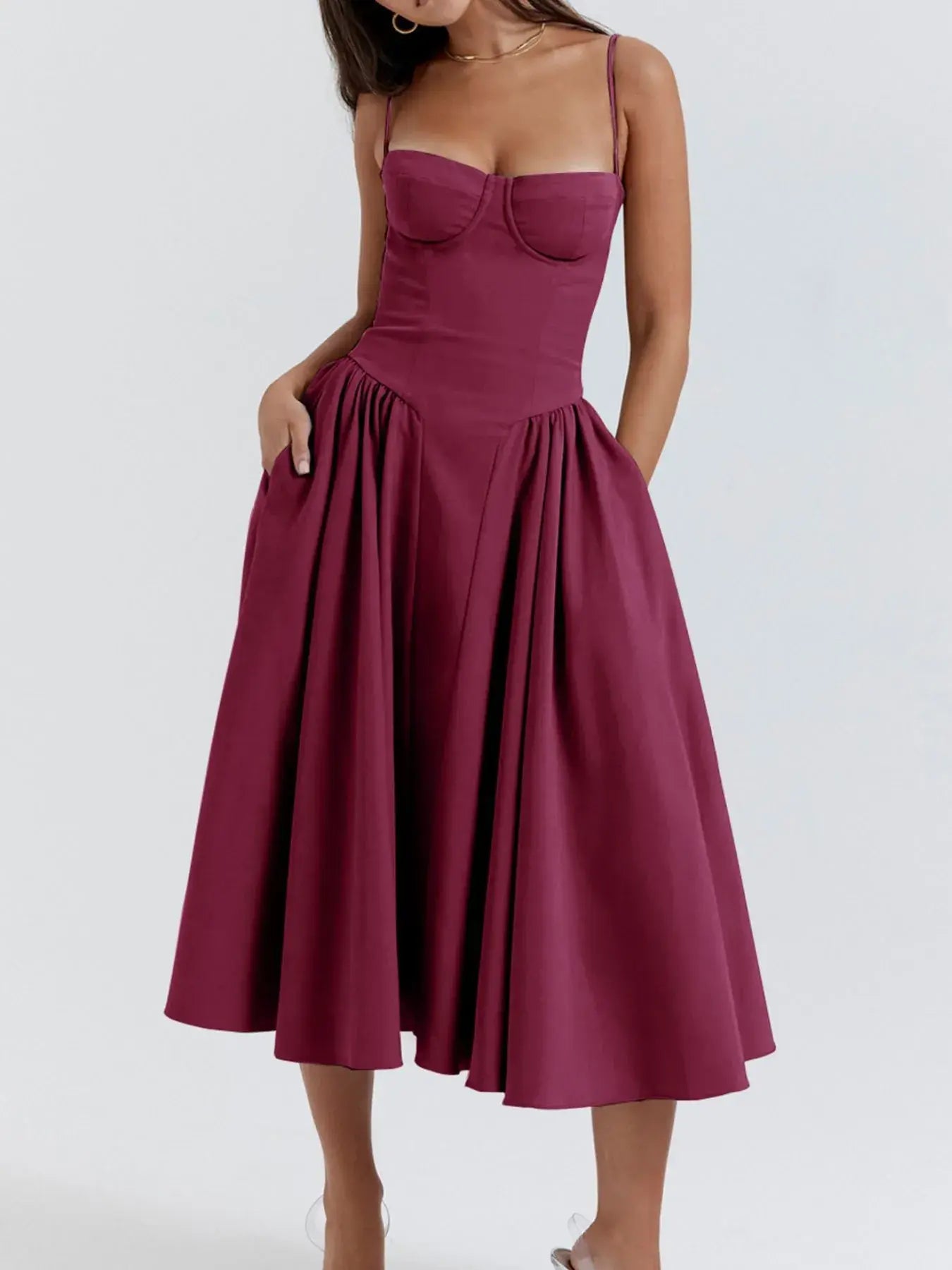 Sweetheart Neck Ruched Midi Dress - Trendsi - Flyclothing LLC