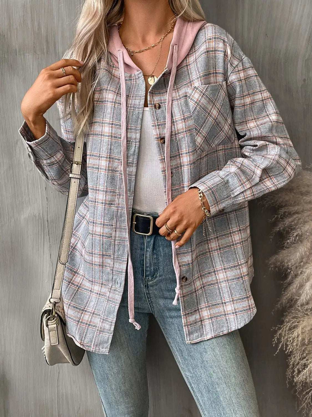 Plaid Long Sleeve Hooded Jacket - Trendsi - Flyclothing LLC