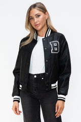 Love Me Now PU Leather Contrast Snap Down Bomber Jacket - Trendsi