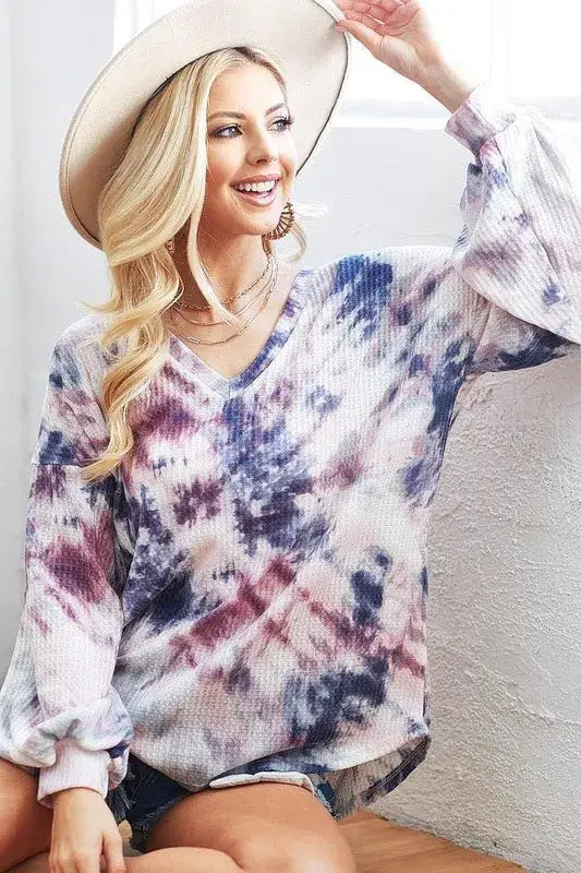 BiBi Tie-Dye V-Neck Long Sleeve Waffle Top - Trendsi - Flyclothing LLC