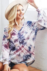 BiBi Tie-Dye V-Neck Long Sleeve Waffle Top - Trendsi - Flyclothing LLC