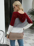 Drawstring Contrast Long Sleeve Hooded T-Shirt - Trendsi