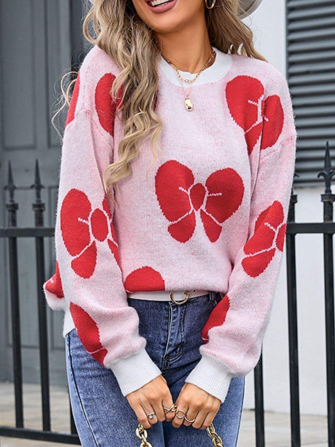 Angel Wings Bow Round Neck Dropped Shoulder Sweater - Trendsi - Flyclothing LLC