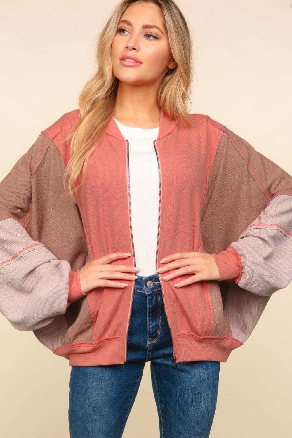 Haptics Zip Up Color Block Bomber Jacket with Side Pockets - Trendsi - Flyclothing LLC