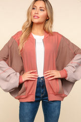 Haptics Zip Up Color Block Bomber Jacket with Side Pockets - Trendsi
