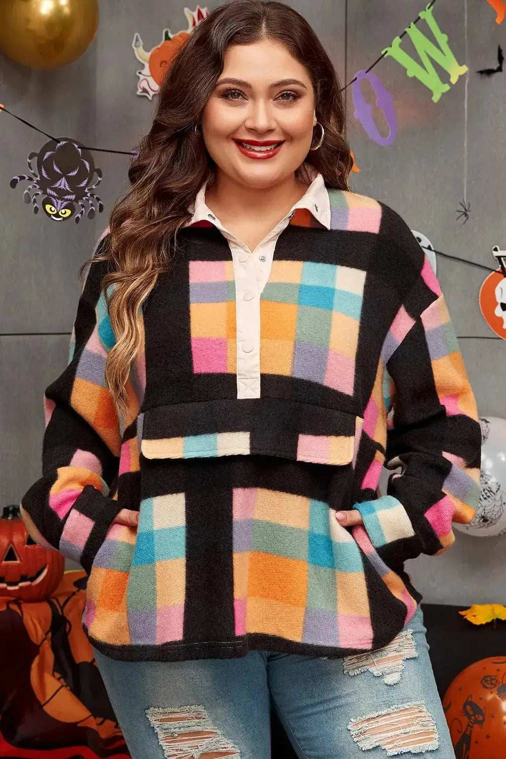 Plus Size Color Block Half Snap Long Sleeve Sweatshirt - Trendsi - Flyclothing LLC