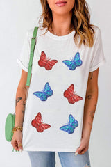 Sequin Butterfly Round Neck Short Sleeve T-Shirt - Trendsi - Flyclothing LLC