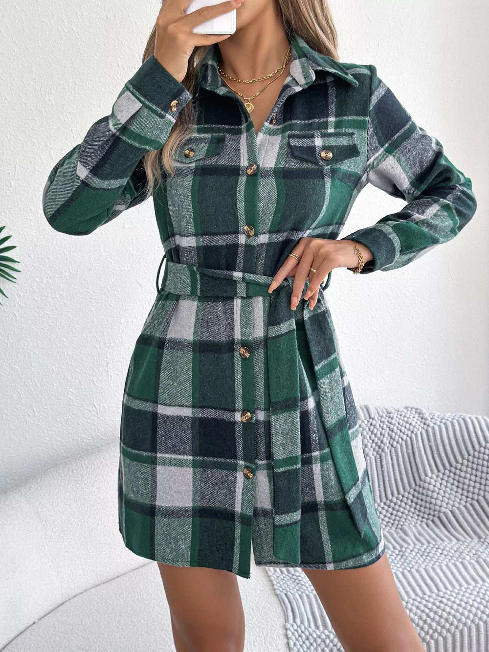 Plaid Button Front Tie Waist Shirt Dress - Trendsi - Flyclothing LLC