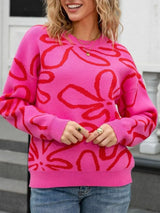 Flower Crew Neck Long Sleeve Sweater - Trendsi - Flyclothing LLC