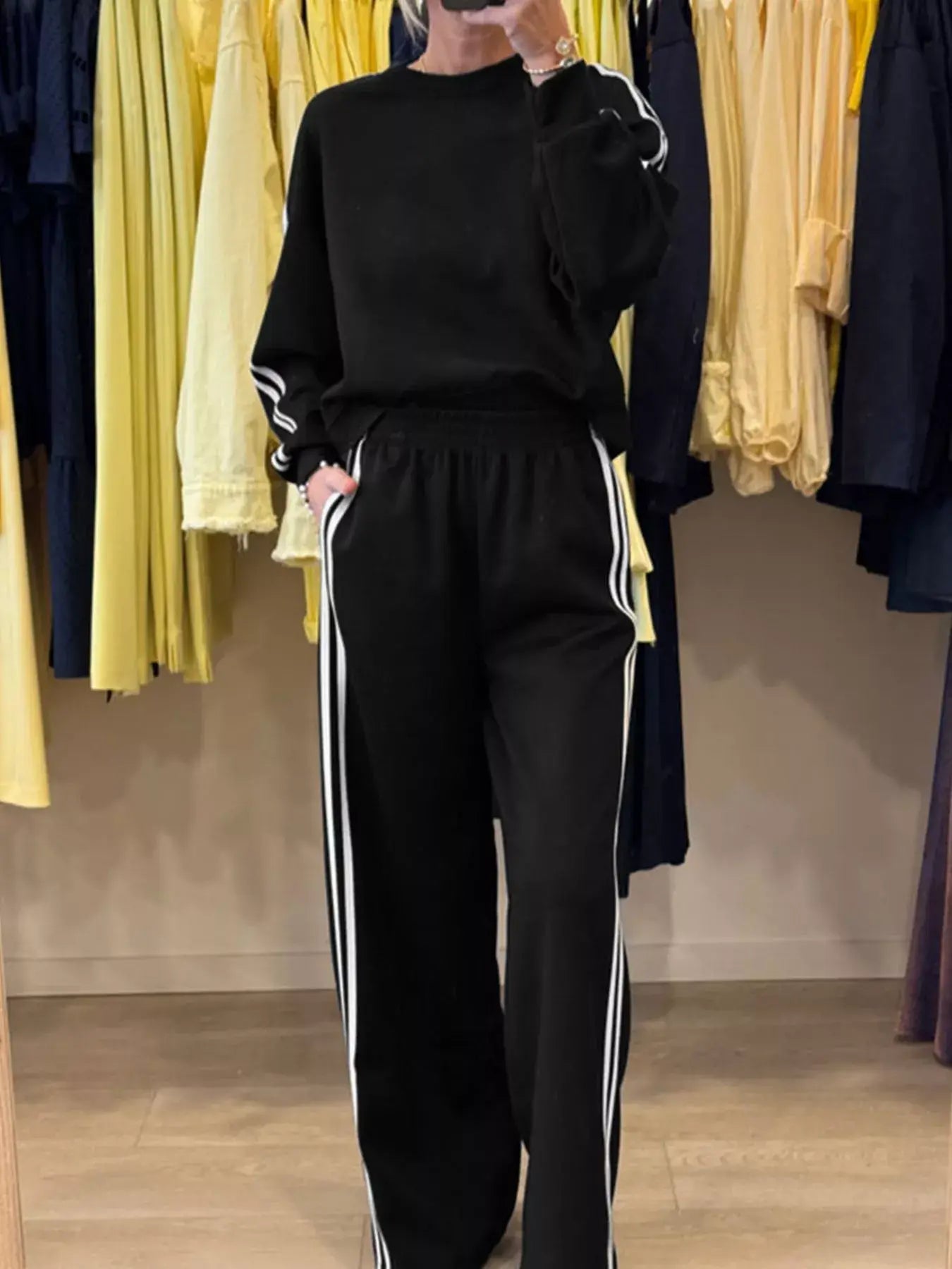 Striped Detail Crewneck Top and Elastic Sweatpants 2pcs Set - Trendsi - Flyclothing LLC