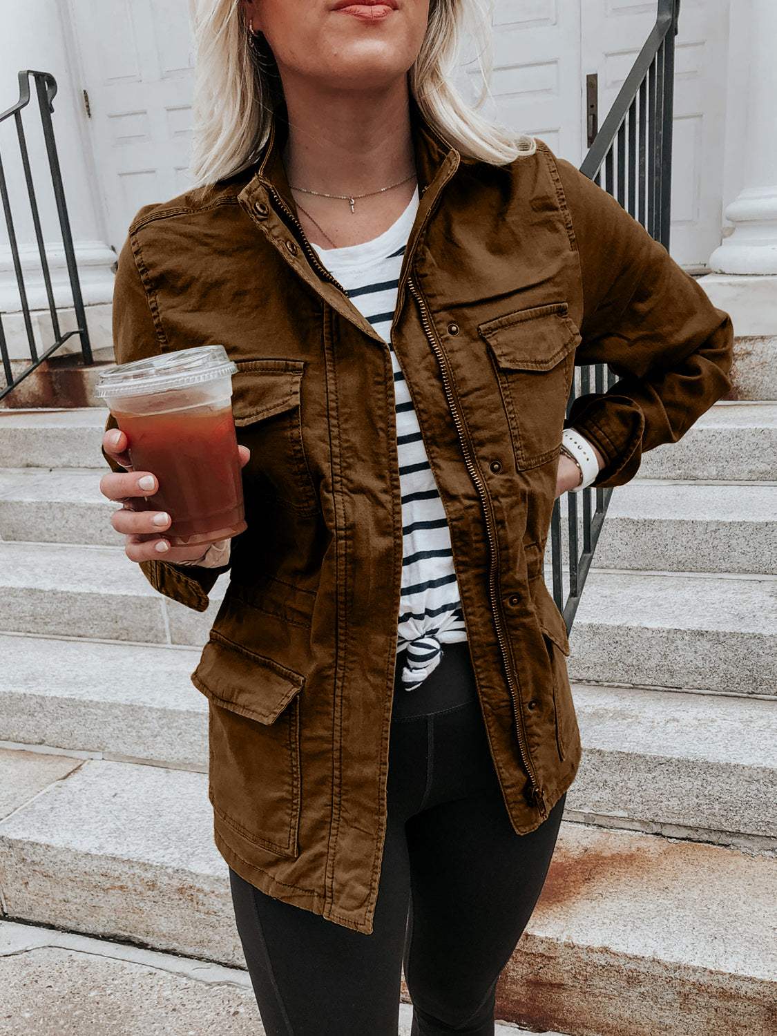 Pocketed Long Sleeve Zip Up Jacket - Trendsi - Flyclothing LLC