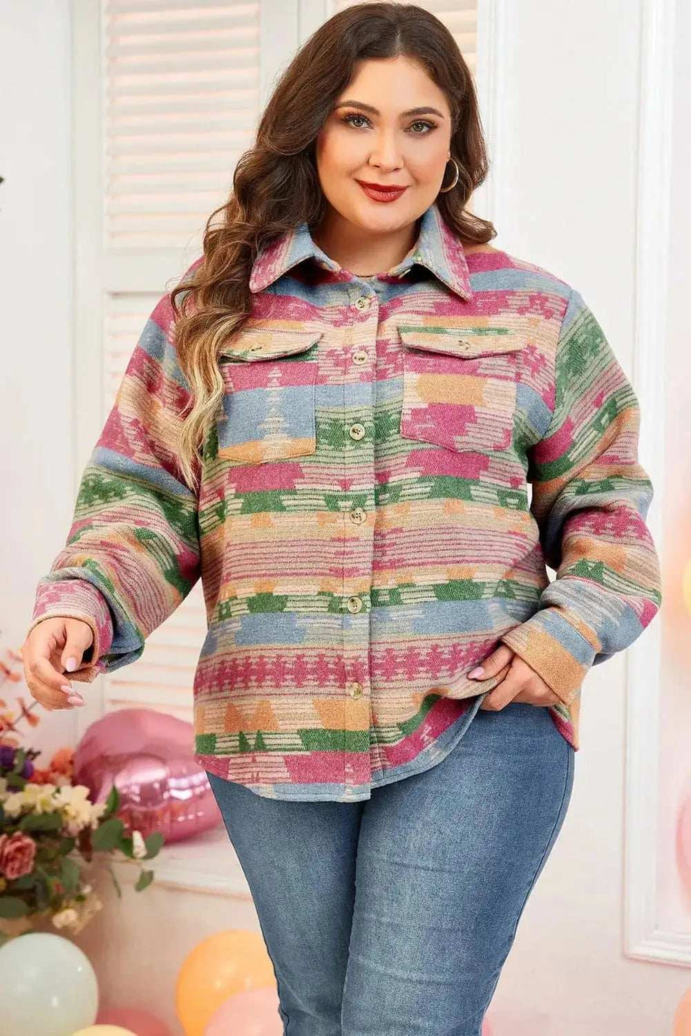 Plus Size Pocketed Printed Collared Neck Jacket - Trendsi - Flyclothing LLC