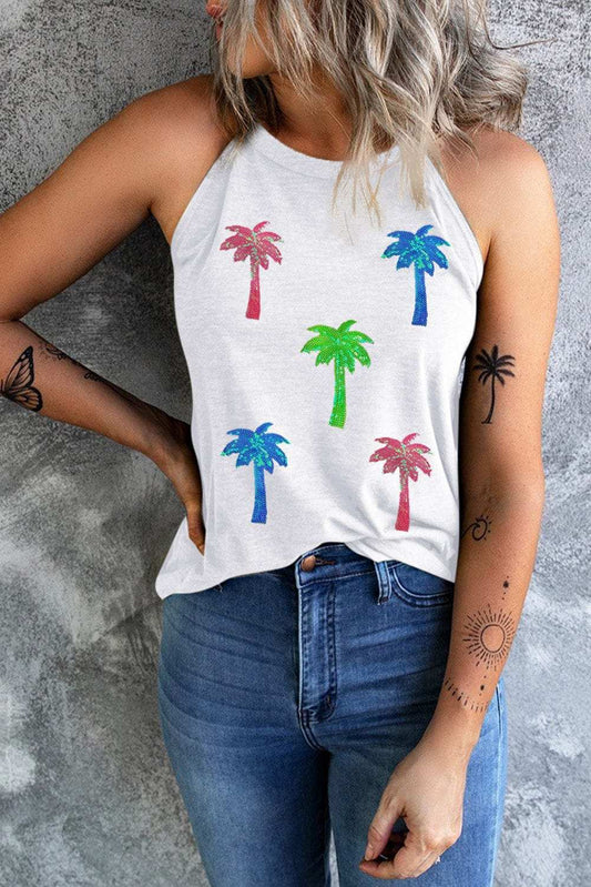 Sequin Coconut Tree Round Neck Tank - Trendsi - Flyclothing LLC