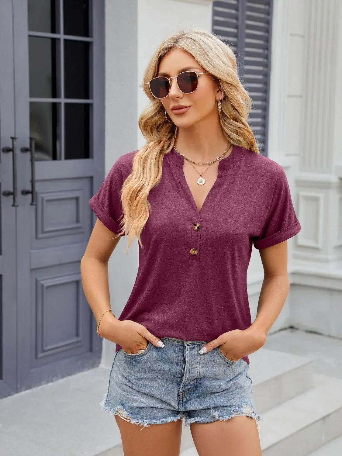 Florira Notched Short Sleeve T-Shirt - Trendsi - Flyclothing LLC