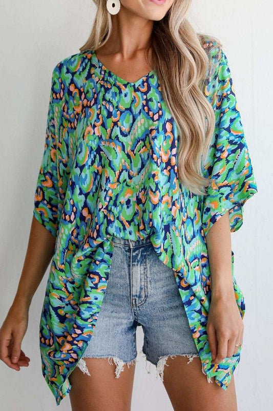 Abstract Print V Neck Half Sleeve Loose Fit Blouse - Trendsi - Flyclothing LLC