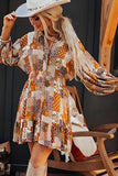 Printed Collared Neck Three-Quarter Sleeve Mini Shirt Dress - Trendsi