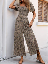 Perfee Smocked Printed Square Neck Puff Sleeve Jumpsuit - Trendsi - Flyclothing LLC