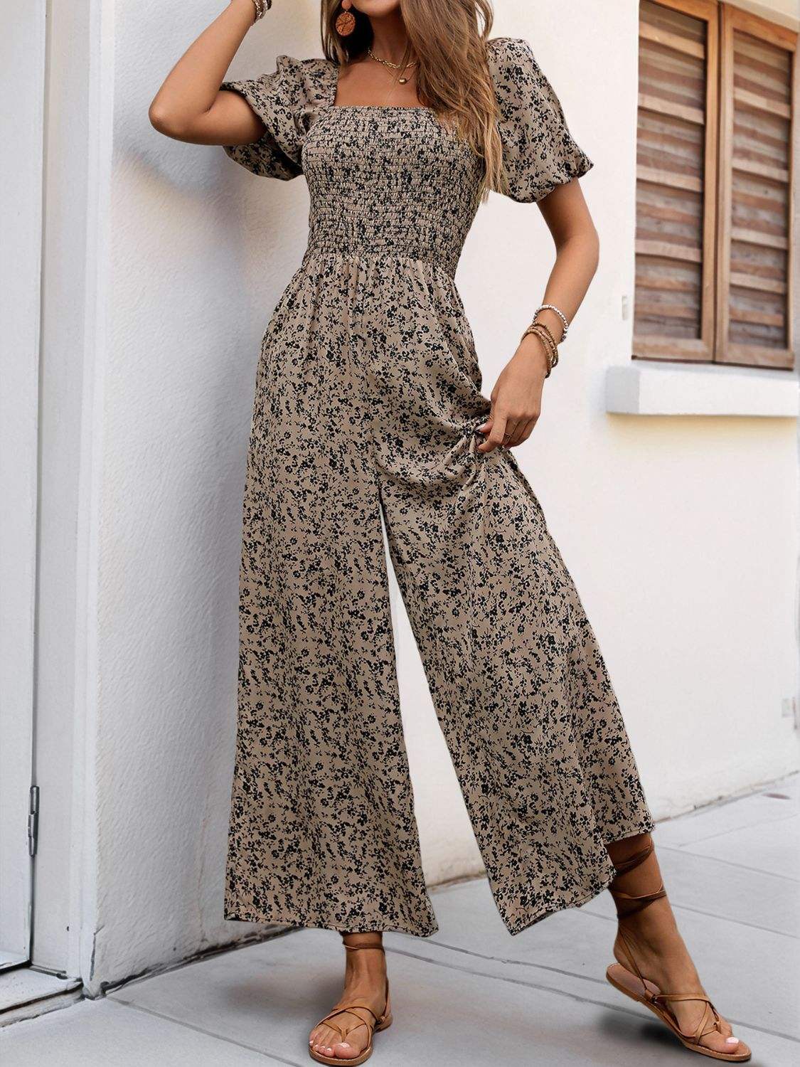 Perfee Smocked Printed Square Neck Puff Sleeve Jumpsuit - Trendsi - Flyclothing LLC