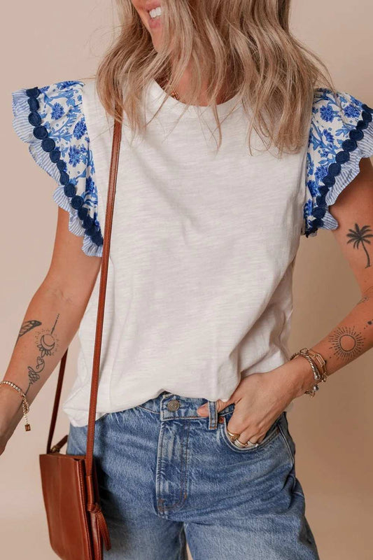 Round Neck Printed Ruffled Cap Sleeve Blouse - Trendsi - Flyclothing LLC