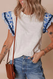 Round Neck Printed Ruffled Cap Sleeve Blouse - Trendsi