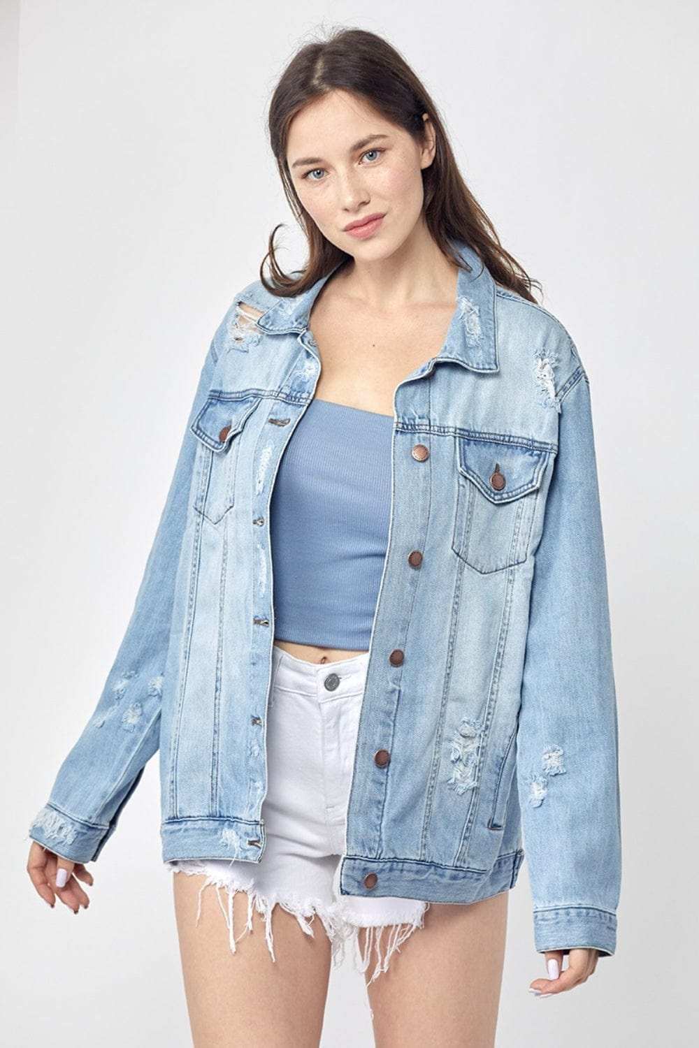 RISEN Full Size Distressed Long Sleeve Denim Jacket - Trendsi - Flyclothing LLC