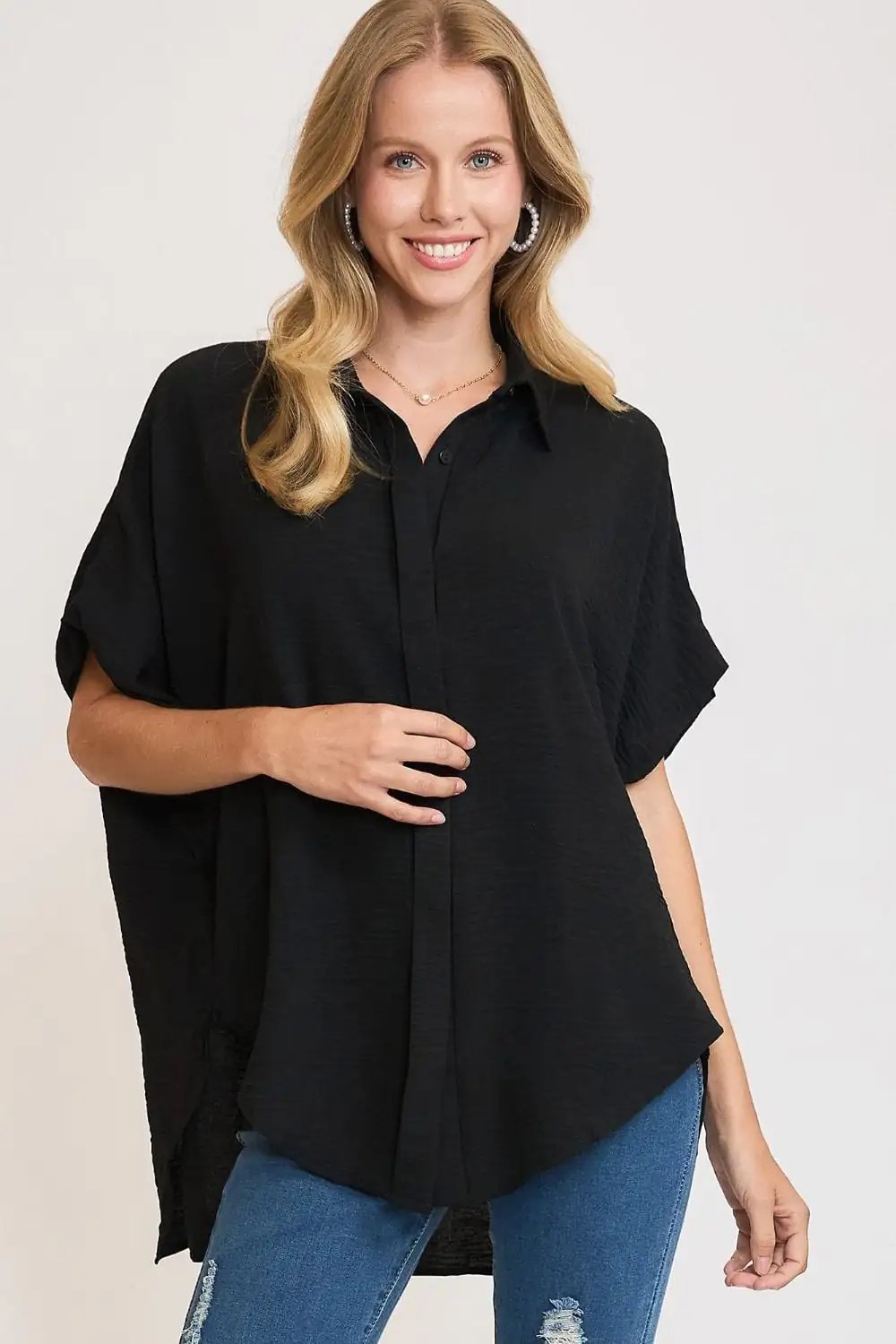 Umgee Full Size High-Low Button Up Short Sleeve Shirt - Trendsi