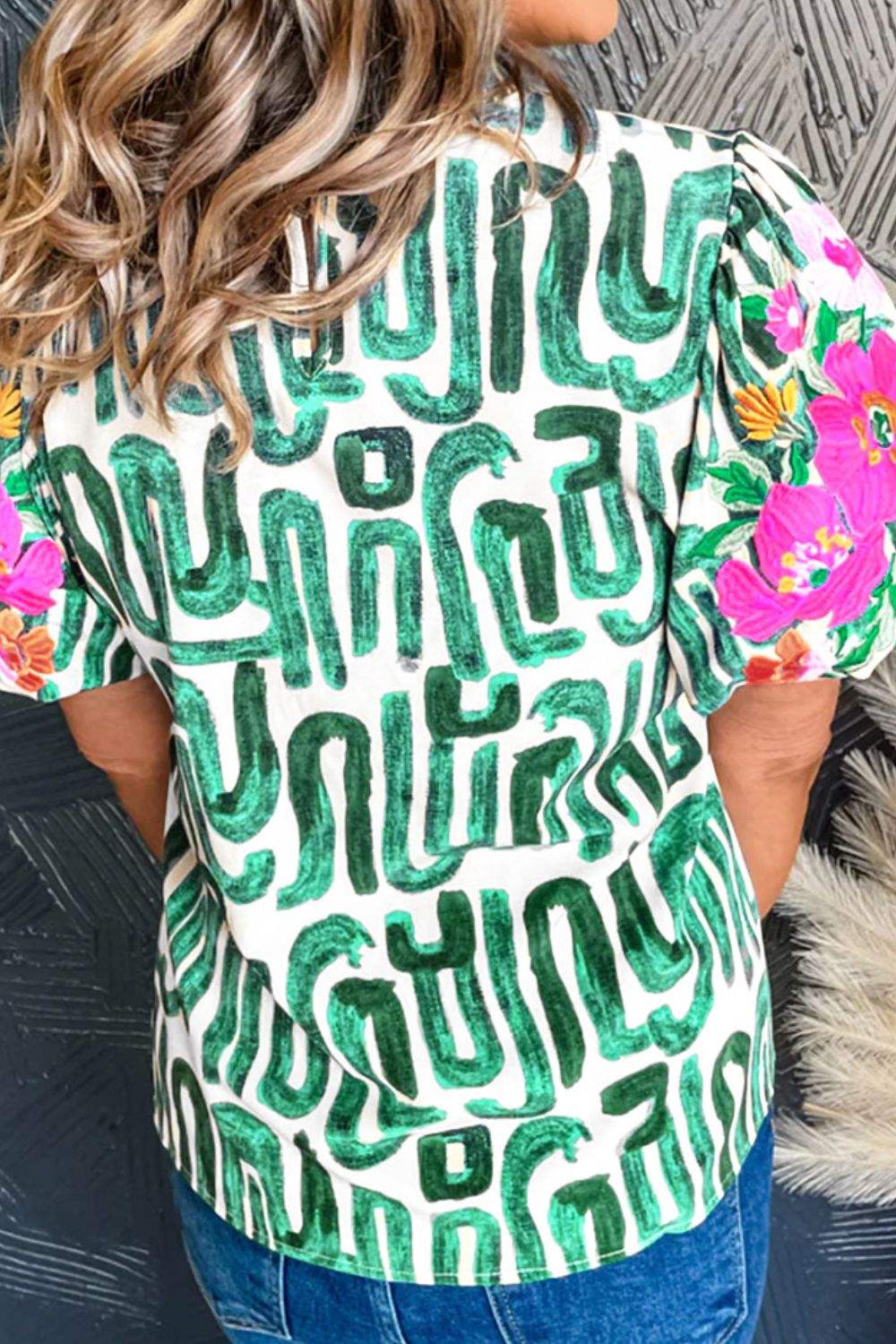 Embroidered Printed Mock Neck Short Sleeve Blouse - Trendsi - Flyclothing LLC