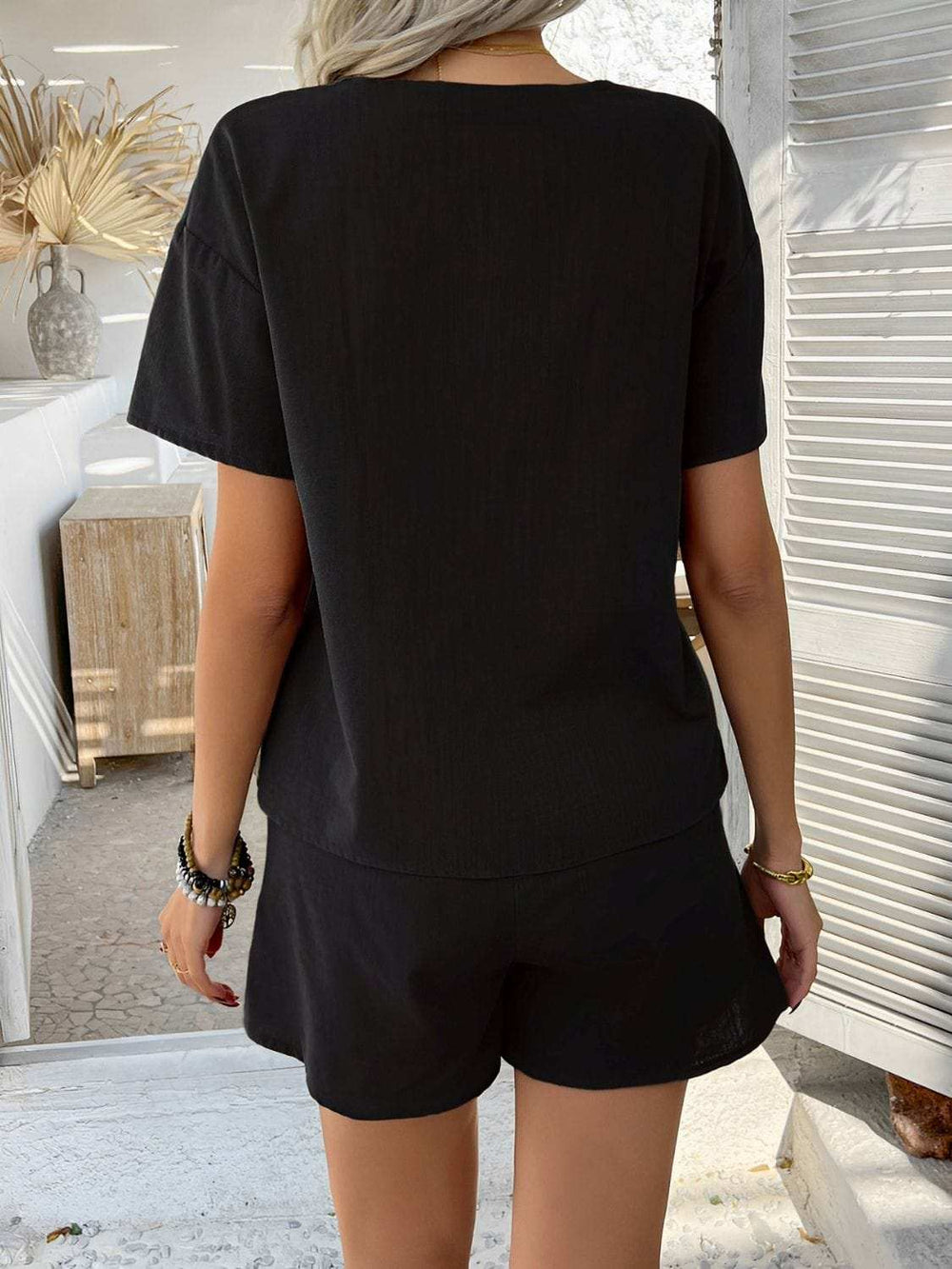 Devine Tied V-Neck Short Sleeve Top and Shorts Set - Trendsi - Flyclothing LLC