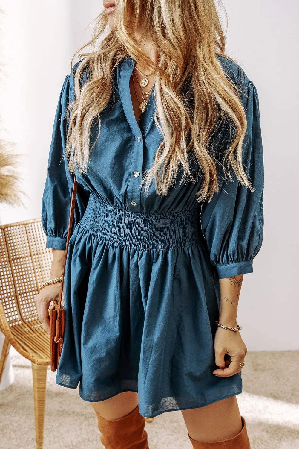 Smocked Half Button Three-Quarter Sleeve Mini Dress - Trendsi - Flyclothing LLC