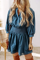 Smocked Half Button Three-Quarter Sleeve Mini Dress - Trendsi - Flyclothing LLC