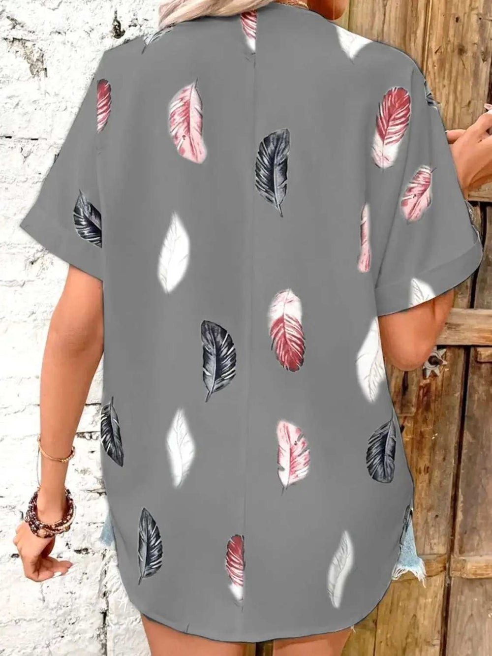 Full Size Printed Collared Neck Short Sleeve Blouse - Trendsi - Flyclothing LLC