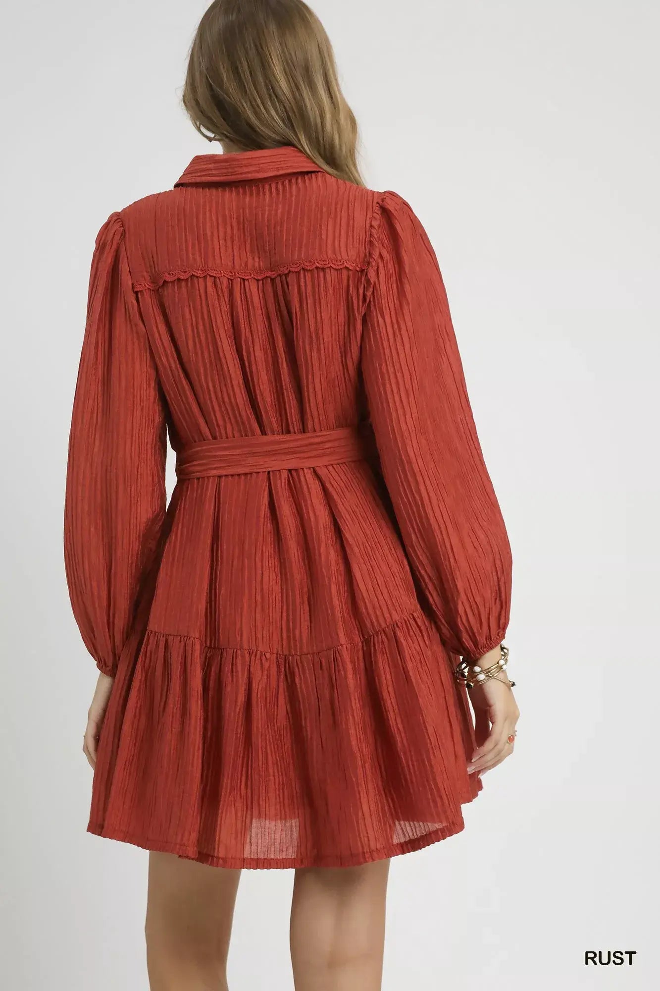 Umgee Crinkle Button-Front Tiered Mini Dress with Waist Tie - Trendsi - Flyclothing LLC