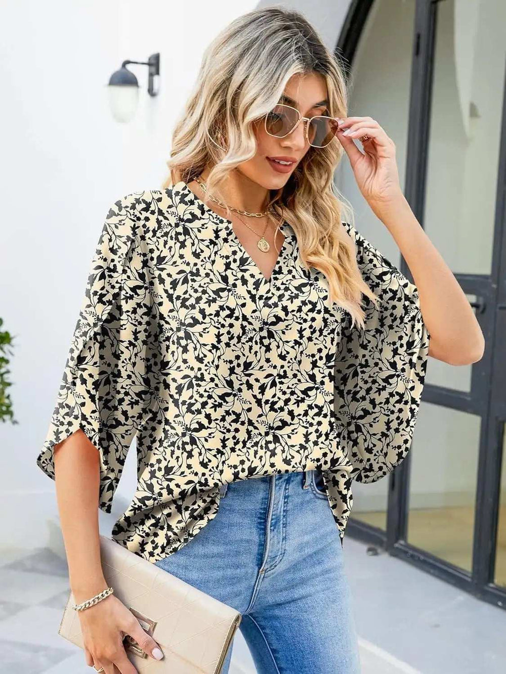 Printed Notched Half Sleeve Blouse - Trendsi - Flyclothing LLC