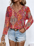 Printed V-Neck Long Sleeve Blouse - Trendsi - Flyclothing LLC