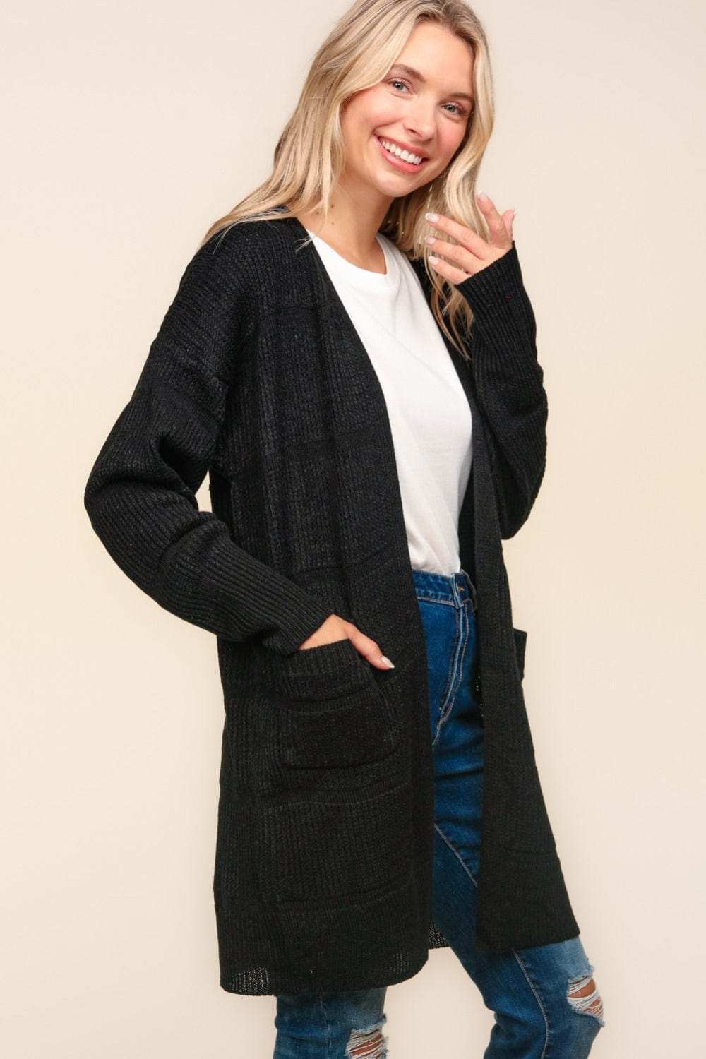 Haptics Stripe Textured Open Front Cardigan with Pockets - Trendsi - Flyclothing LLC
