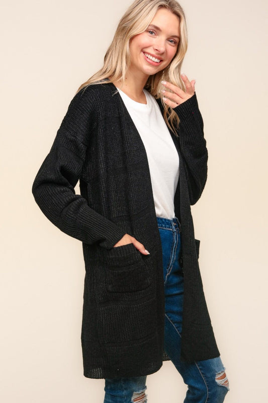 Haptics Stripe Textured Open Front Cardigan with Pockets - Trendsi