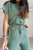 Round Neck Short Sleeve Top and Drawstring Pants Set - Trendsi - Flyclothing LLC