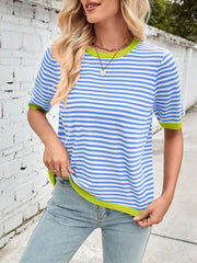 Lovelet Striped Contrast Round Neck Half Sleeve Knit Top - Trendsi