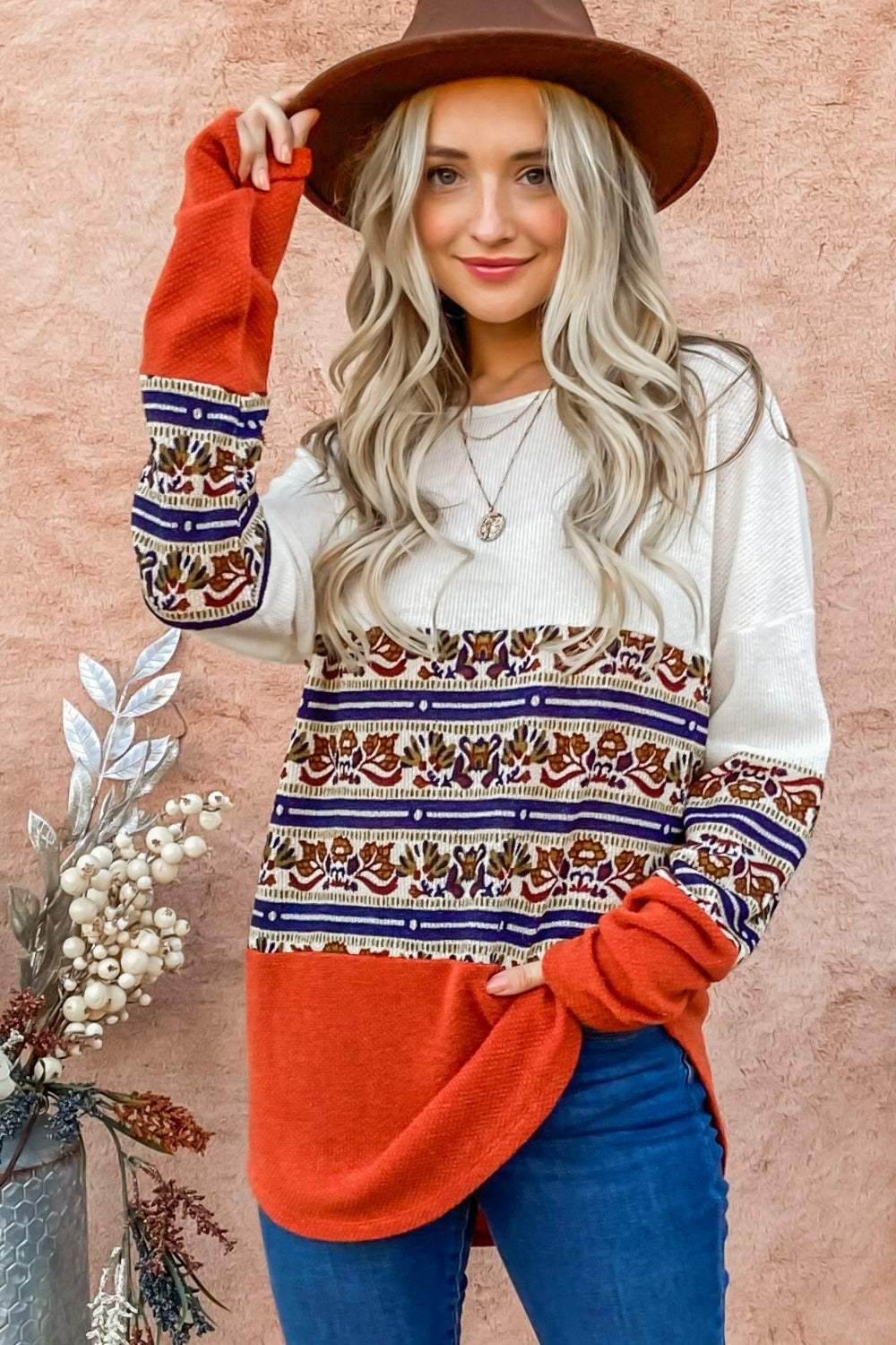 And The Why Ethnic Print Color Block Top - Trendsi - Flyclothing LLC