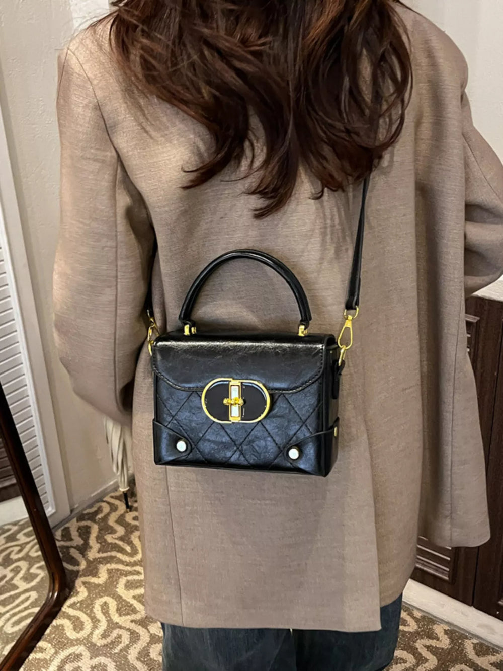 Quilted Pattern Top Handle Crossbody Bag - Trendsi - Flyclothing LLC