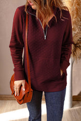 Quarter-Zip Quilted Sweatshirt with Kangaroo Pocket - Trendsi