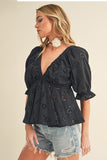 Aemi + Co Eyelet Embroidered V-Neck Half Sleeve Peplum Blouse - Trendsi