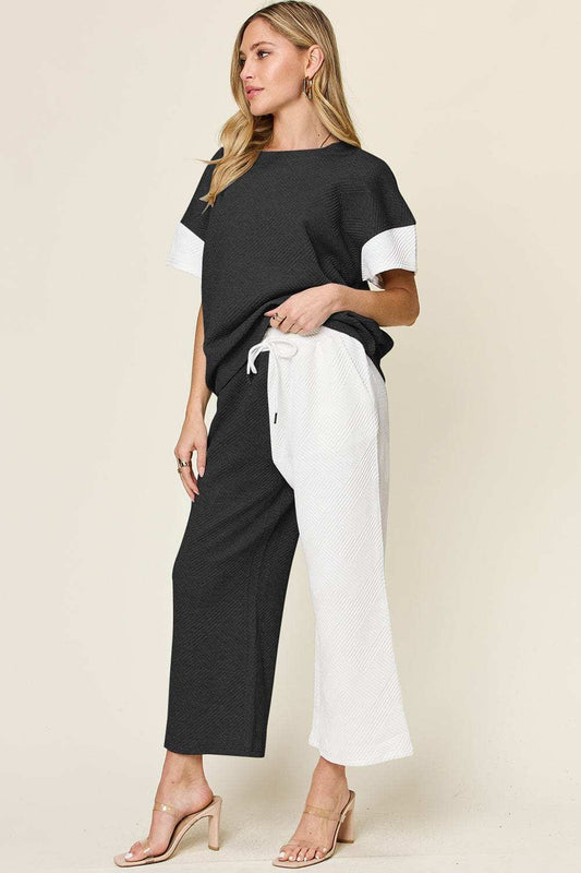 Double Take Full Size Texture Contrast T-Shirt and Wide Leg Pants Set - Trendsi - Flyclothing LLC