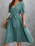 Surplice Flutter Sleeve Midi Dress - Trendsi - Flyclothing LLC