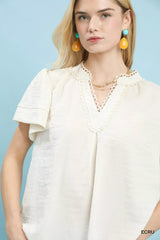 Umgee Seersucker Short Sleeve Top with Lace Trim - Trendsi - Flyclothing LLC
